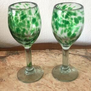 Mexican Hand-Blown Emerald Green Swirl 8" High Wine Glasses